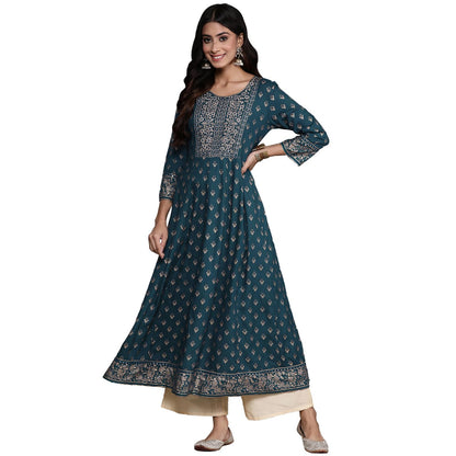 anubhutee Women's Viscose Rayon Ethnic Motifs Embroidered Teal Mirror Work A-Line Kurta