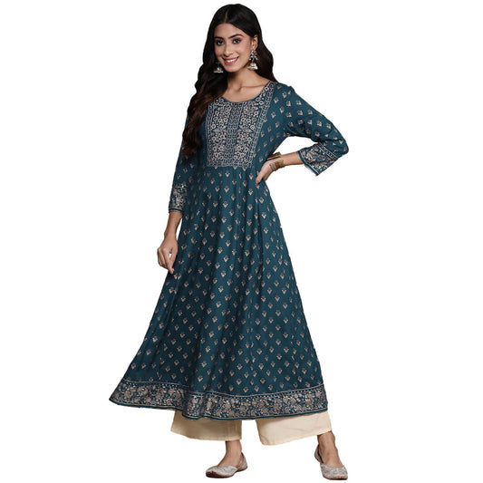 anubhutee Women's Viscose Rayon Ethnic Motifs Embroidered Teal Mirror Work A-Line Kurta