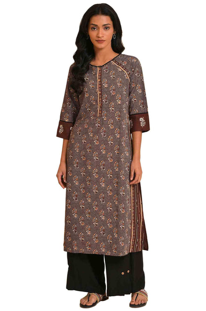 W For Woman Brown Paisley Printed Straight Long Kurta With Coins