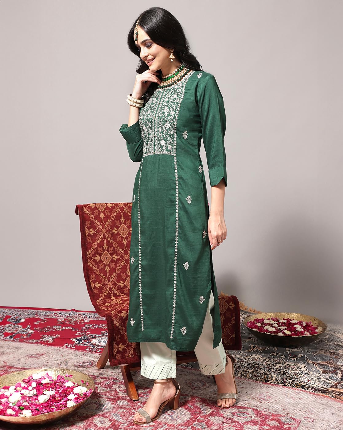 Varanga Green Straight Kurta With Elasticated Trouser Set.