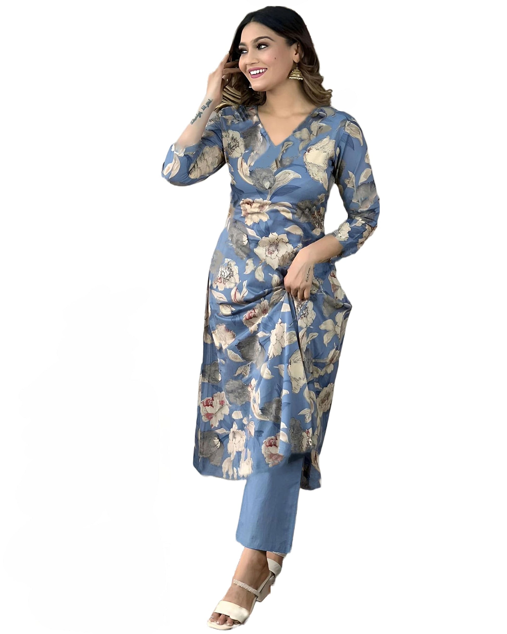 ANNI DESIGNER Womens Rayon Straight Printed Kurta with Pant Set (DHUN Blue_L_Blue_Large)