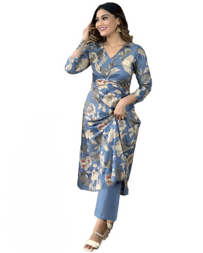 ANNI DESIGNER Womens Rayon Straight Printed Kurta with Pant Set (DHUN Blue_L_Blue_Large)