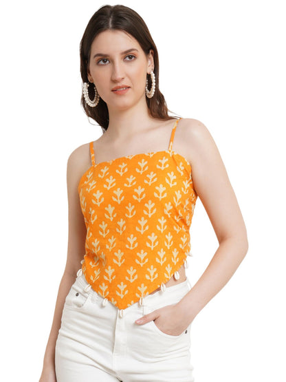 POPWINGS Casual Hankie Cotton Sustainable Bagru Print Crop Top for Women || Square Neck Crop Top for Women || Sleeveless Crop To