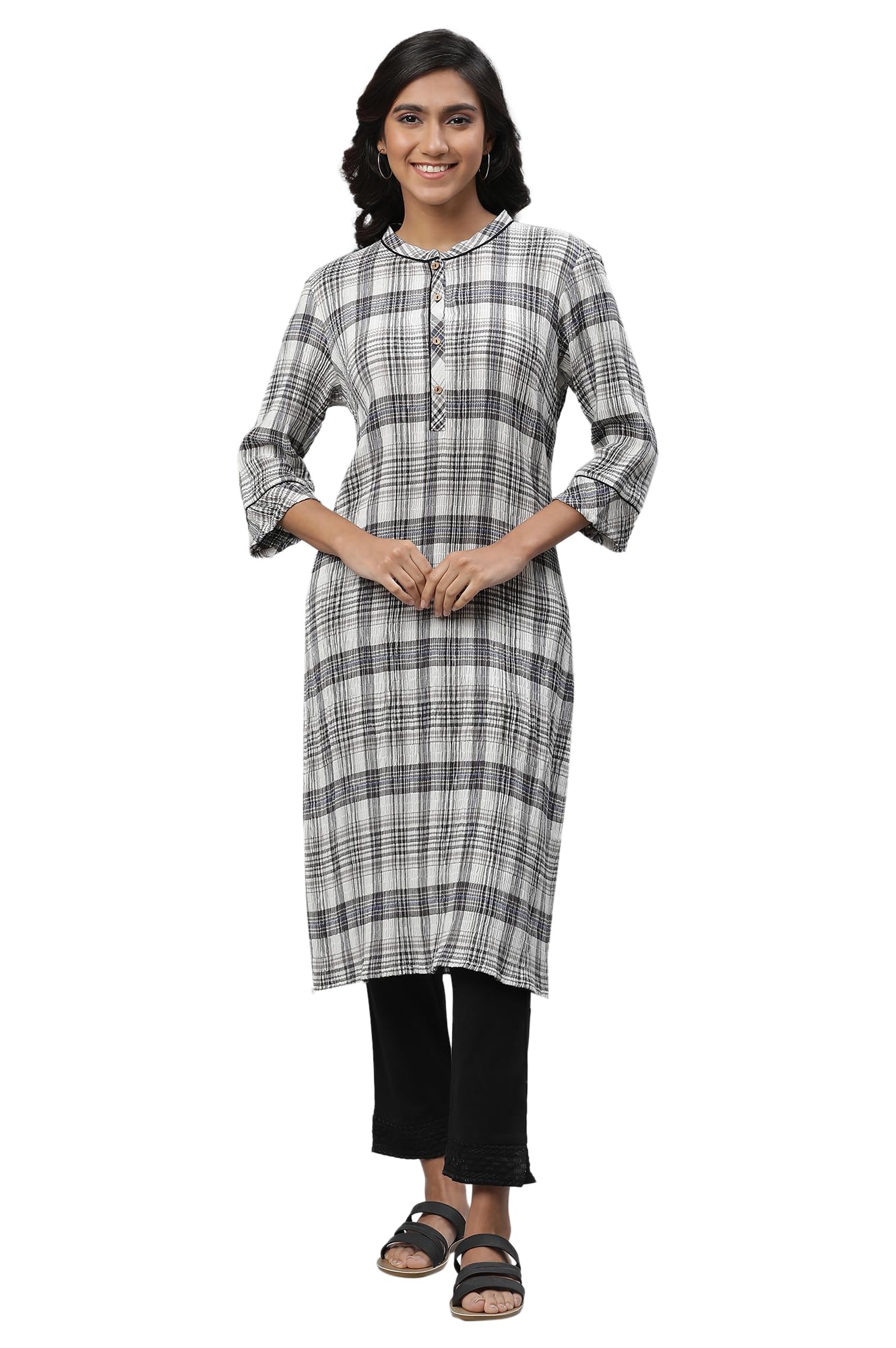 Aurelia Women's White Checks Yarn Dyed Lycra Straight Kurta_23AUA14305-704332_XS