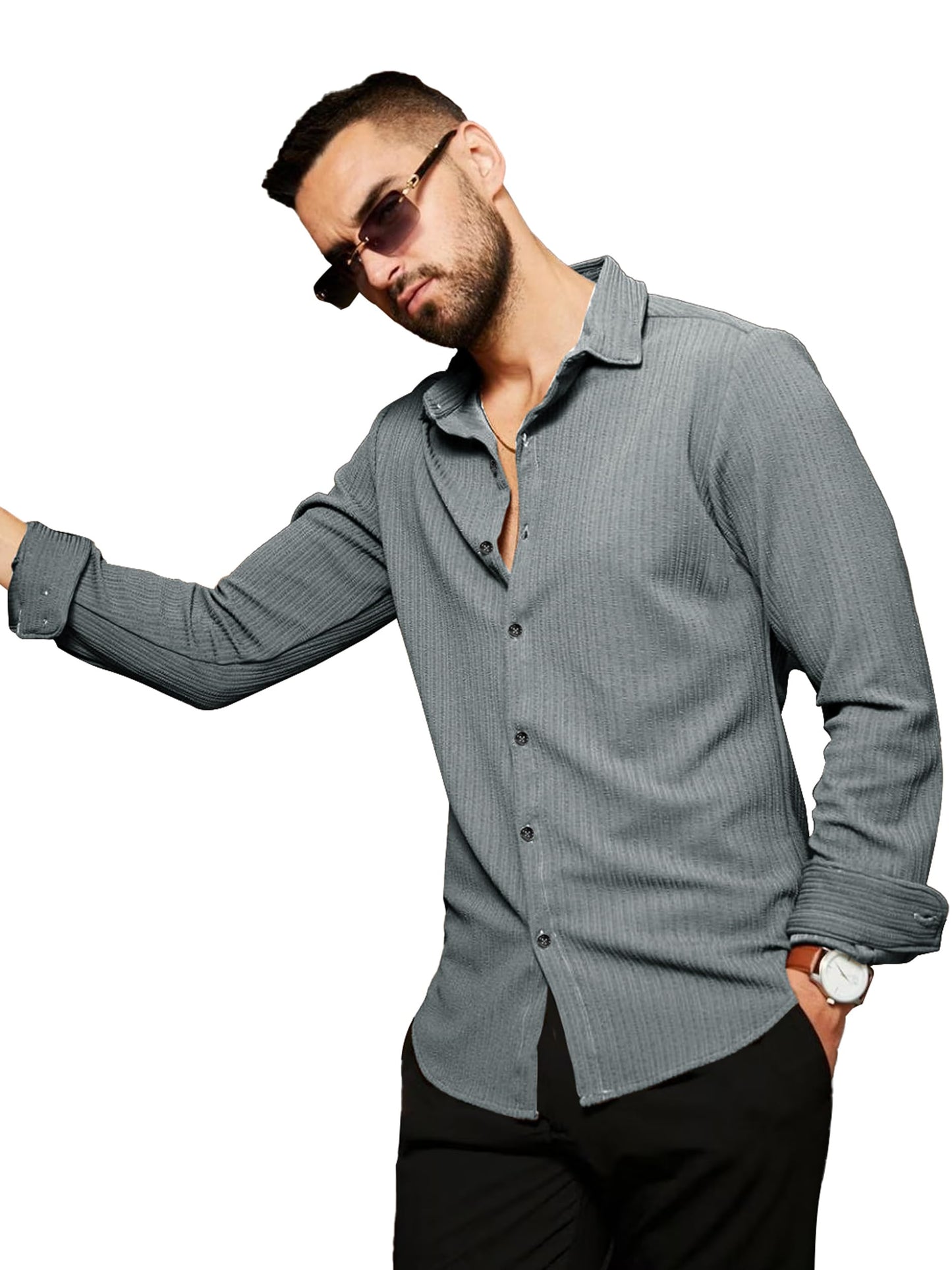 Noble Monk MenS Regular Fit Casual Shirt |Full Sleeve| Polo Neck |Casual Shirts For Men Forest Grey
