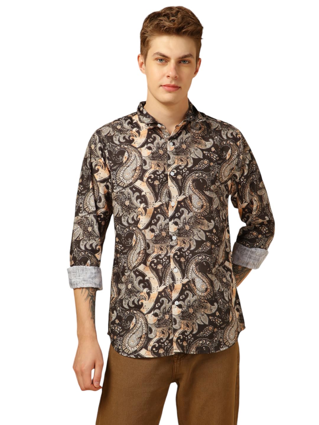 Dennis Lingo Men Regular Fit Cotton Full Sleeves Ethinc Print Casual Shirts Brown