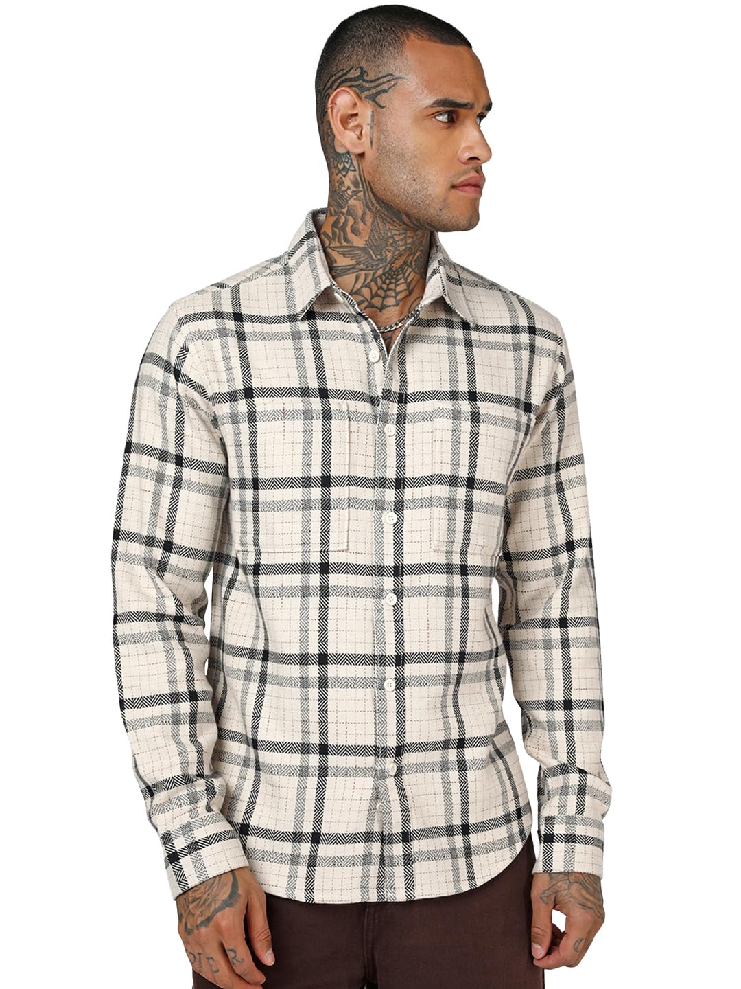 Bewakoof MenS Checked Regular Fit Full Sleeve Collar Cotton Shirt_1500727_Off White_Xl