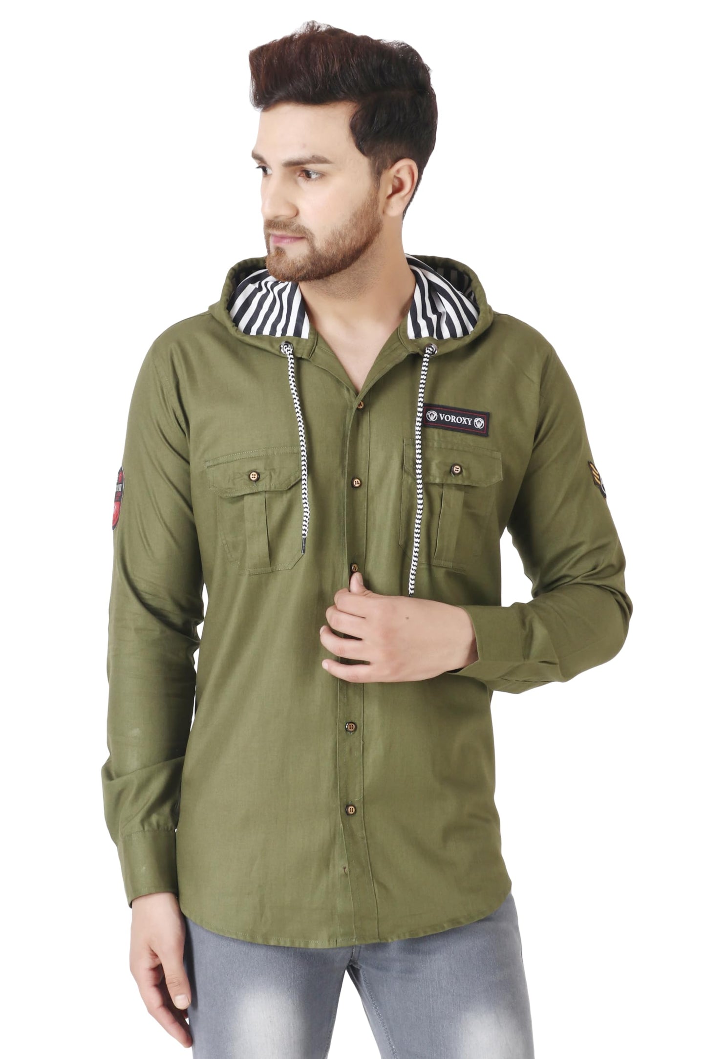Besix MenS Green Tailored Fit Cotton Blend Shirt For Man With Hoodie - Casual Long Sleeve Shirt With Pockets - Patch Detail For