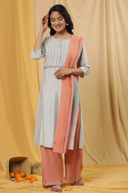 W for Woman W Women Blue Geometric Print Cotton Kurta Set With Parallel Pant & Dupatta