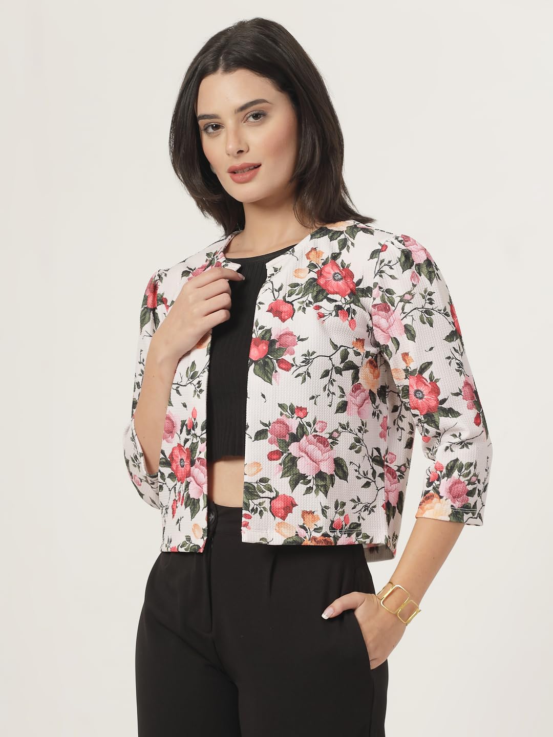Style Quotient Women Beige Floral Printed Shrug with Puffed 3/4th Sleeves
