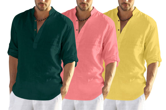 Zombom MenS Cotton Polyester Blend Solid Full Sleeve Regular Fit Kurta Shirt, Multicolor, M, Combo Set Of 3