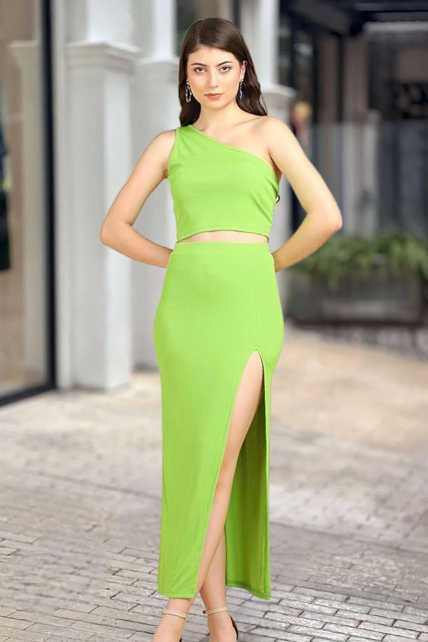 POPWINGS Polyester Casual Solid Top And Skirt Set For Women | Stylish Western Co-Ord Set For Women | Crop Top And Long Slit Skir