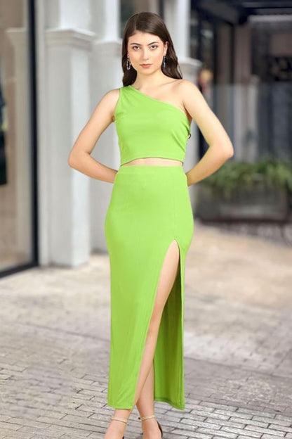 POPWINGS Polyester Casual Solid Top And Skirt Set For Women | Stylish Western Co-Ord Set For Women | Crop Top And Long Slit Skir