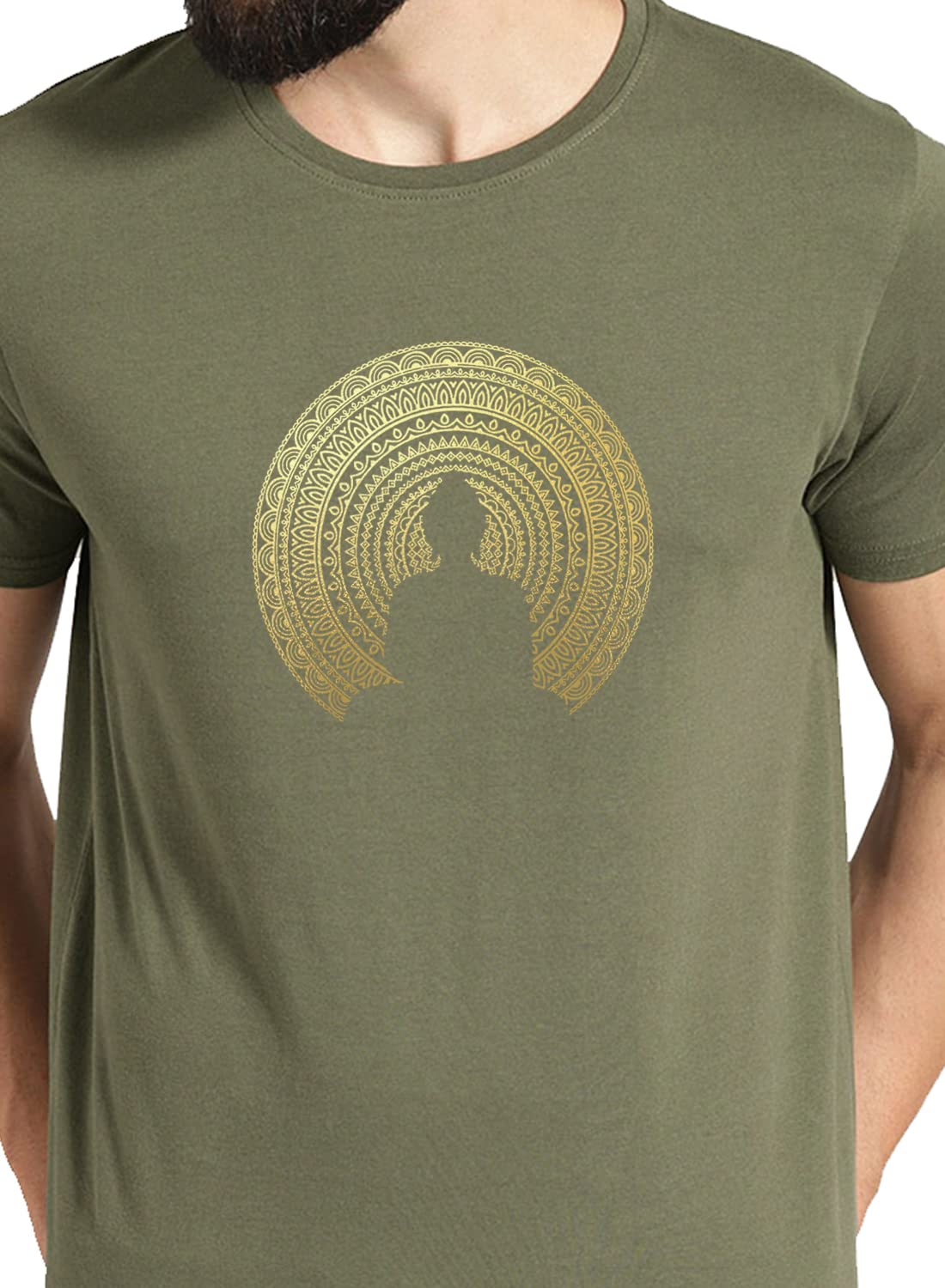 ADRO Men's Budha Gold Printed Cotton T-Shirt (RN23-GL-BUD-OL_Olive)