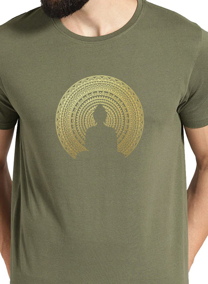 ADRO Men's Budha Gold Printed Cotton T-Shirt (RN23-GL-BUD-OL_Olive)