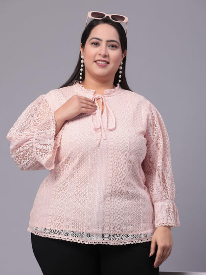 Style Quotient Womens Self Design Tie-Up Neck Puff Sleeves Lace Cotton Plus Size Top