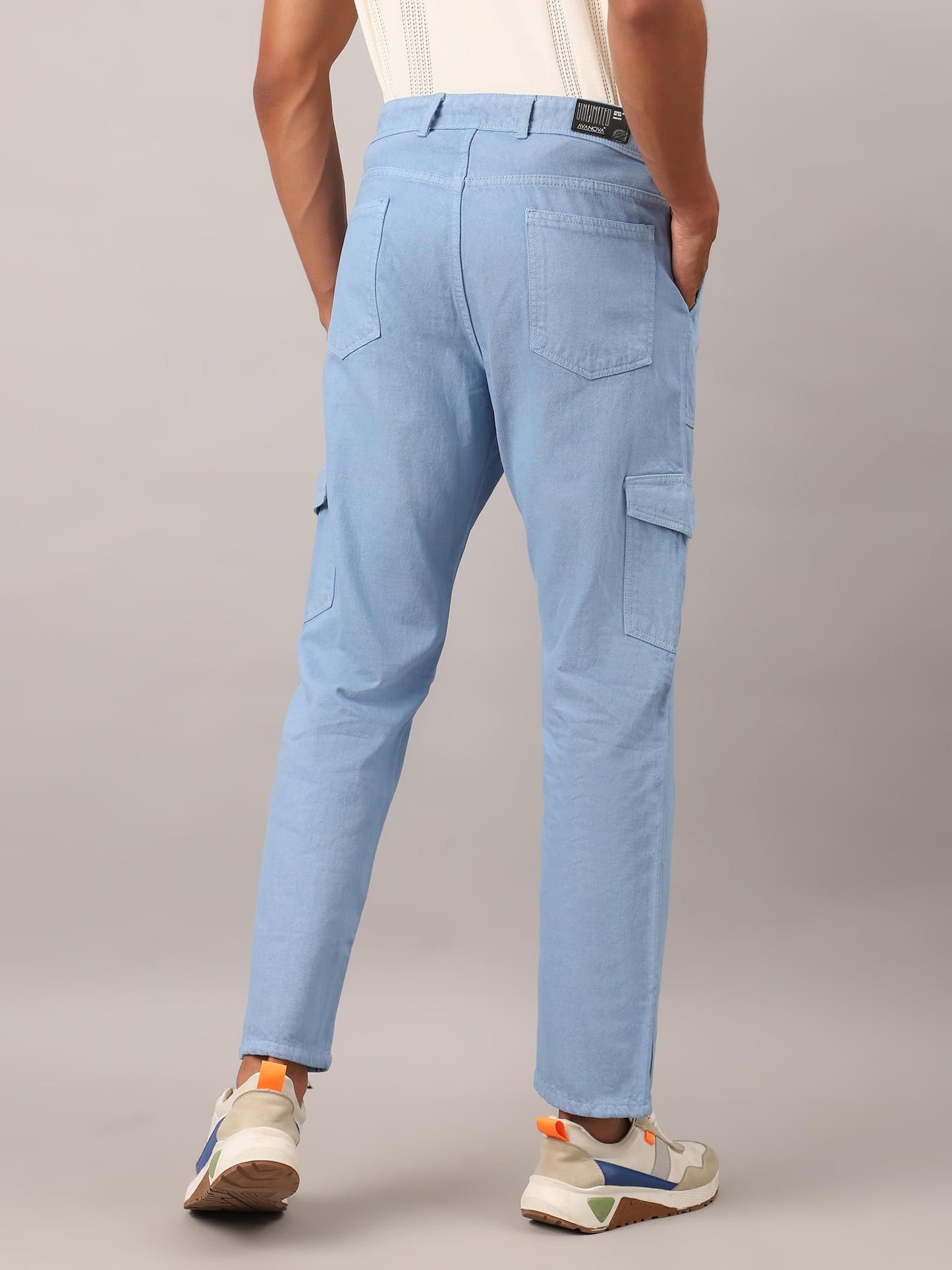 AVANOVA Light Blue Bell-Bottom Men Cargo Jeans II Men Cargo Pants II Denim Cargo for Men II Cotton Pant II Wide Legs II Flap Poc
