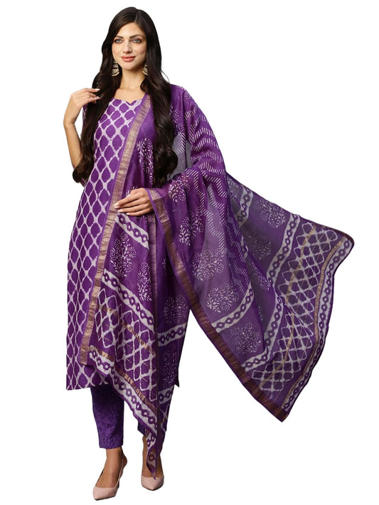 Gosriki WomenS Chanderi Cotton Straight Printed Kurta With Pant & Dupatta (Bhasa Blue-Nw-Gs_Xl_Blue_X-Large)