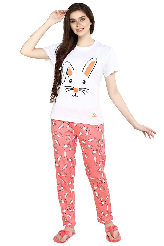 Evolove WomenS Cotton Knitted Round Neck Short Sleeves Night Suit Set/Top Pyjama Set Super Soft Comfortable (White & Peach, Nps