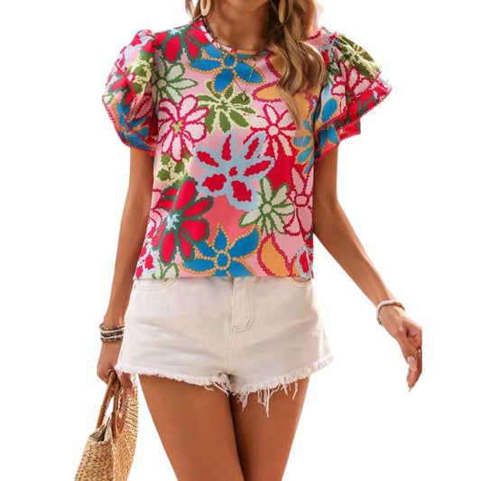 Gufrina WomenS Rayon Top With Half Ruffle Sleeves Round Neck Floral Printed Regular Fit Western Style And Standard Length