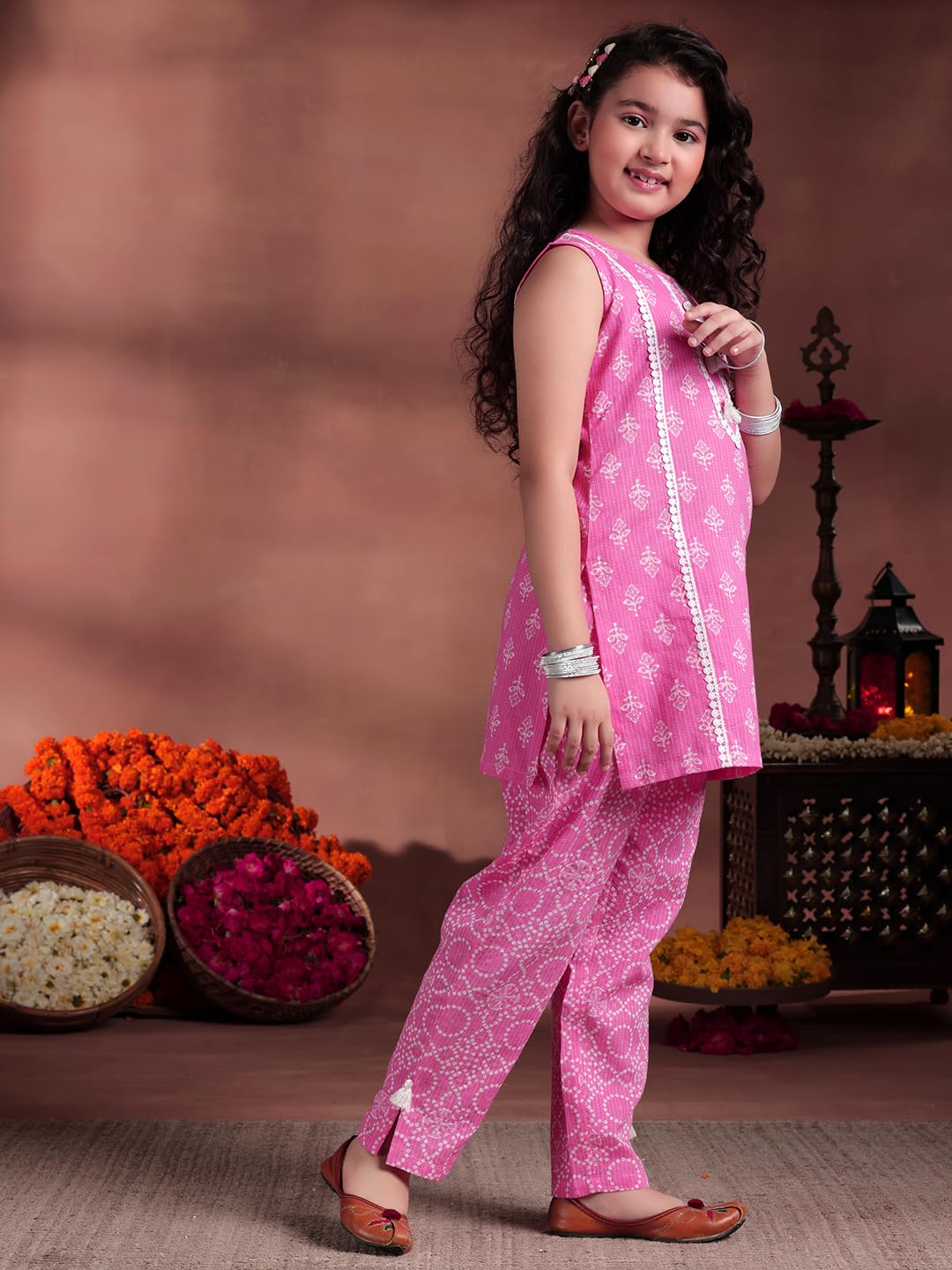 Libas Kids Womens Printed Cotton Straight Kurta With Trousers