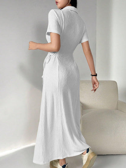 Shasmi Womens White Solid Color Applique Lace-Up Collared Short Sleeve, Side-Tie Waist Long Casual Maxi Women Dress Outfit Long