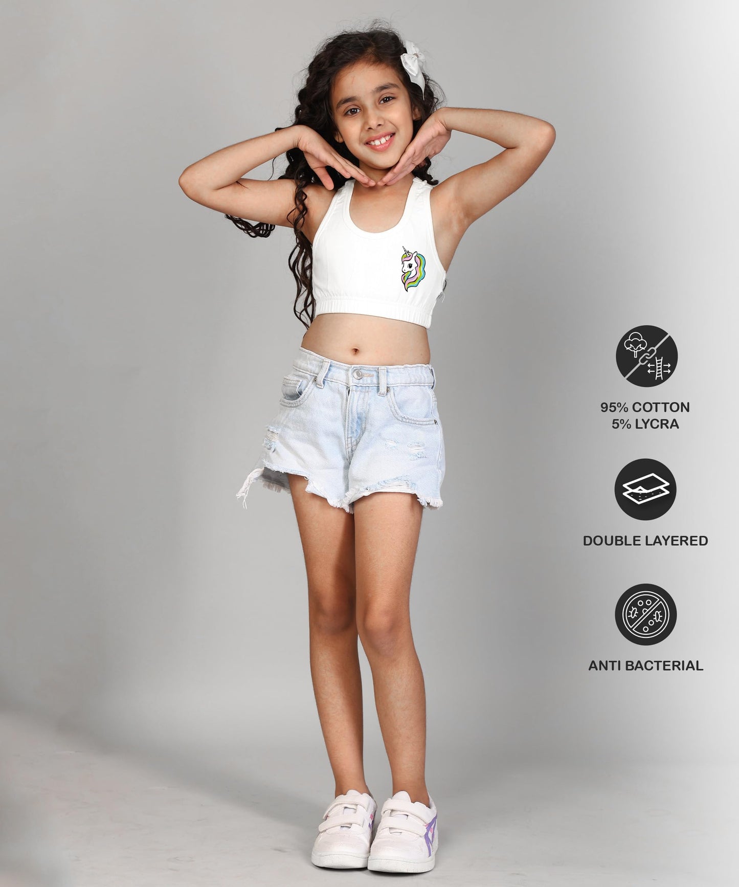 Kyda Kids Girls Antibacterial Cotton Sports Bra Training Bras, Non Padded, Chest Double Layered Wireless Light Padded Bra (Pack