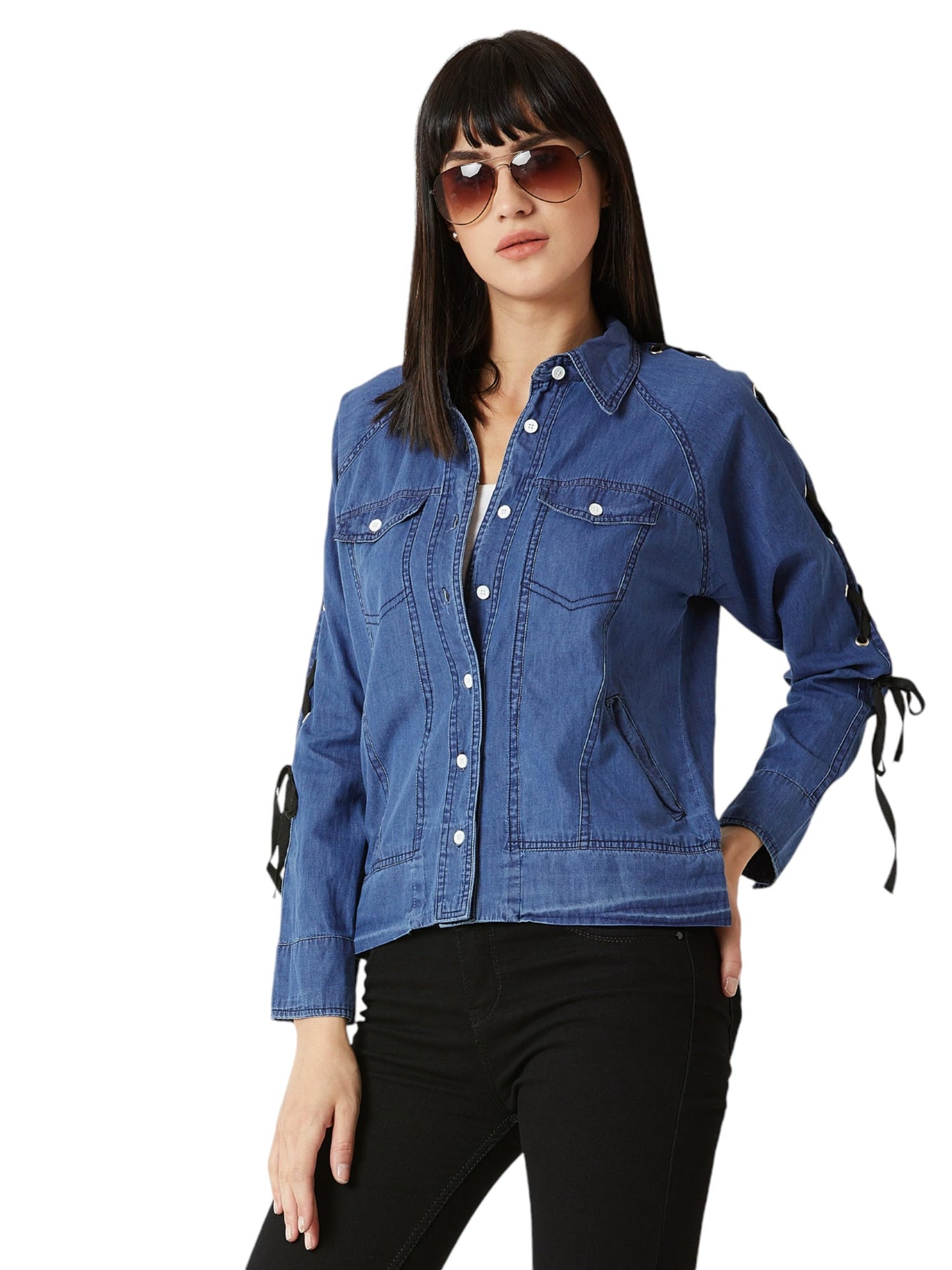 Miss Chase Womens Polo Neck Full Sleeve Bomber Denim Jacket (MCAW19DEN05-56-364-05, Cerulean Blue, L)