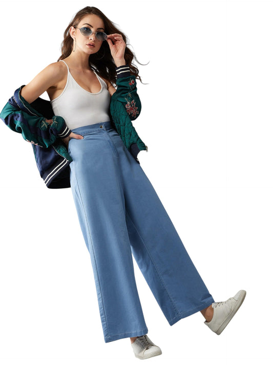 Dolce Crudo Womens Blue Flared Wide-Leg High Rise Clean Look Regular Length Stretchable Denim Pants(DOAW18DEN07-03-115-28,Blue,
