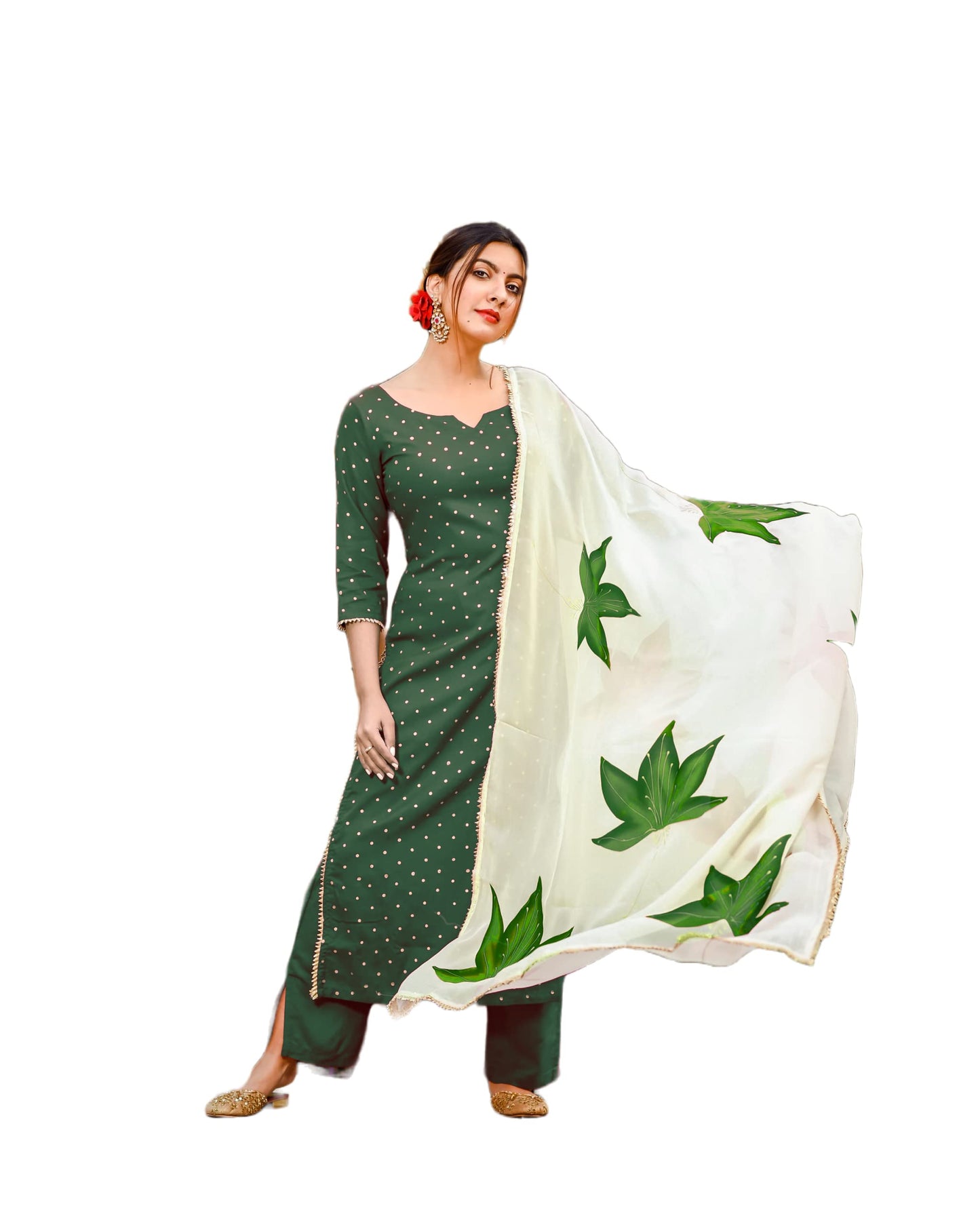 ANNI DESIGNER Womens Rayon Straight Raspberry Handpainted Kurta with Palazzos & Dupatta (Rayon STY Green_S_Green_Small)