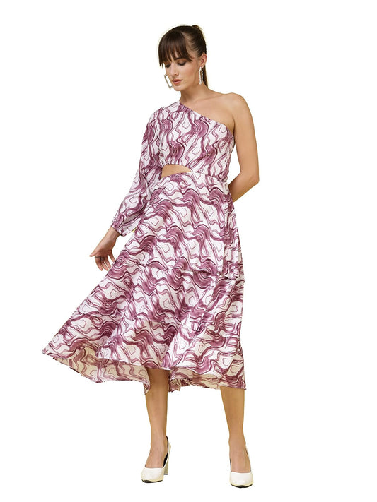OOMPH! Womens Western & Fusion wear Printed Crepe Dress for Women, One Shoulder, Purple - md1076