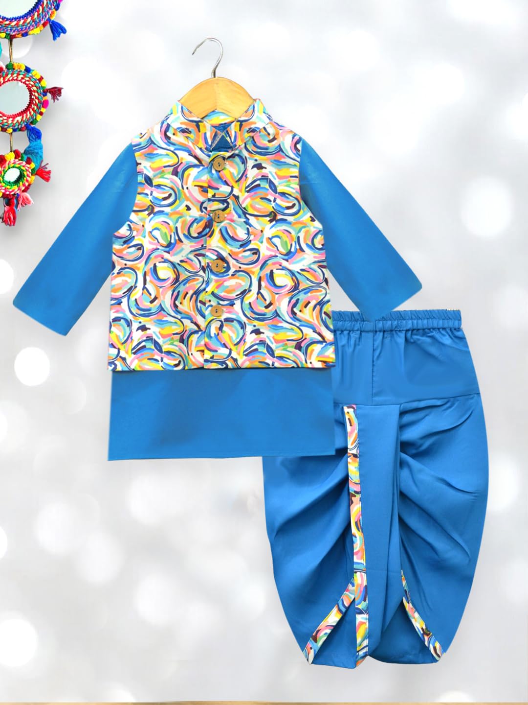 A.T.U.N. (ALL THINGS UBER NICE) Boys Turquoise Kurta Dhoti with Printed Nehru Jacket (3 Piece Set)