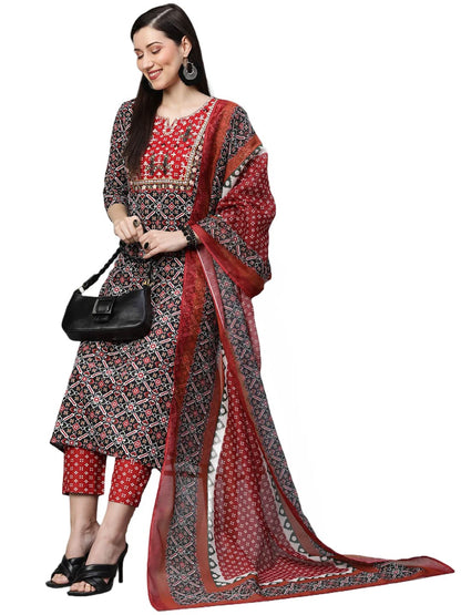 ANNI DESIGNER Womens Cotton Blend Straight Printed Kurta with Pant & Dupatta Set (Makshi Red-NV_S_Red_Small)