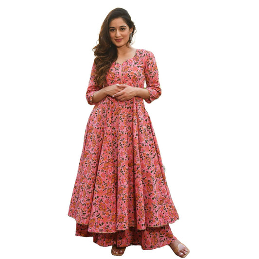 GoSriKi Women's Cotton Blend Printed Anarkali Kurta with Palazzo (Sunday-GO)