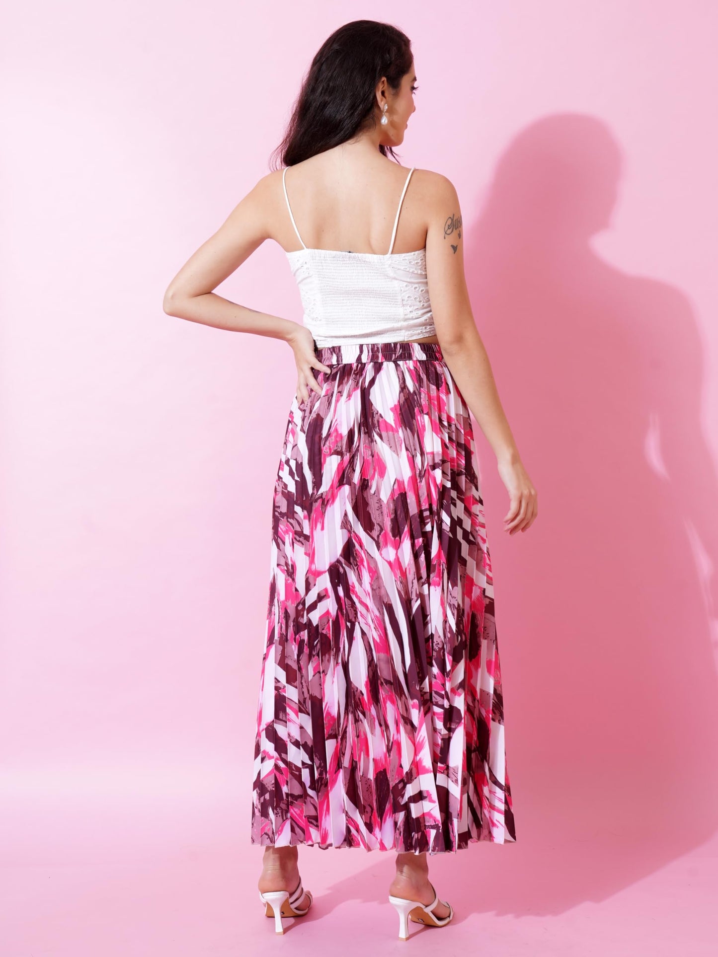Kzully | Printed Pleated Long Skirt Versatile Elegance For Every Occasion Pink