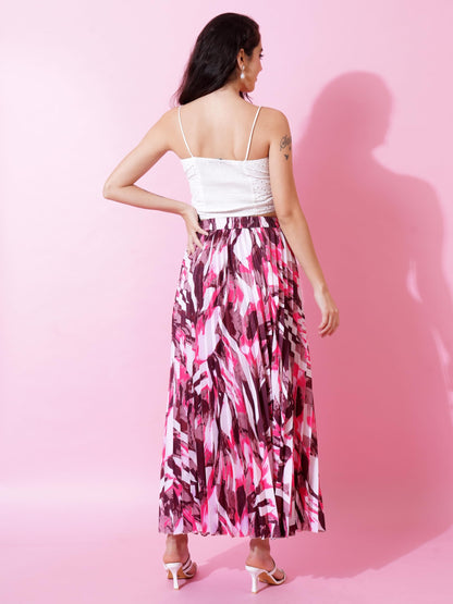 Kzully | Printed Pleated Long Skirt Versatile Elegance For Every Occasion Pink