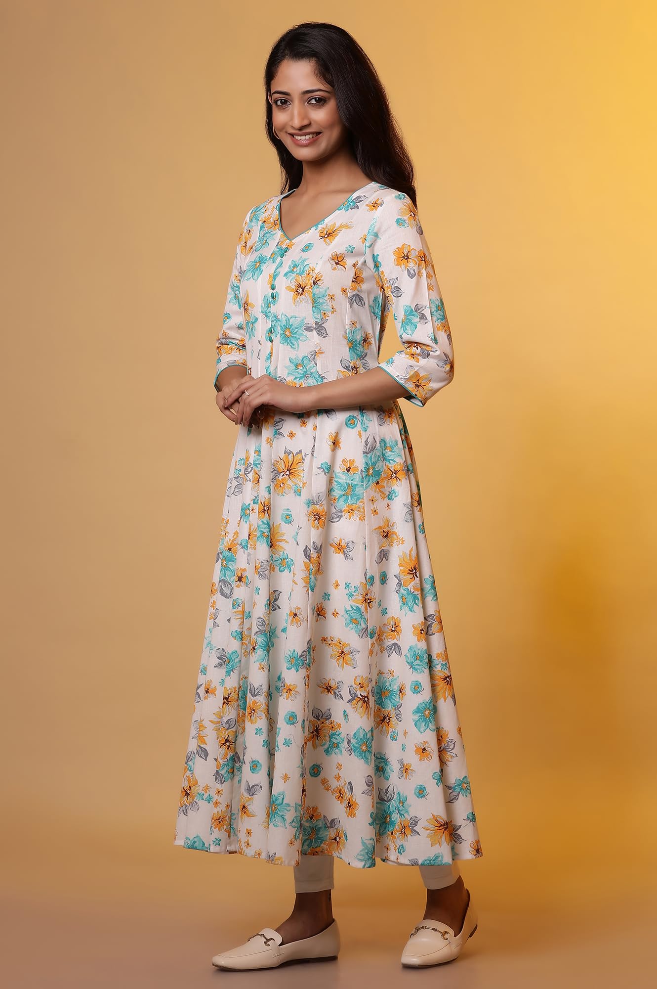 Aurelia WomenS Floral Printed Flared Kurta | V-Neck Kurta For Women | Floral Printed Kurta For Women | Beautiful Regular Fit Kur