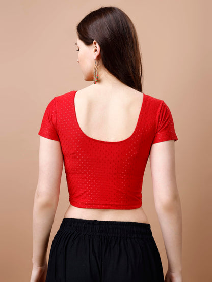 Pujia Mills Womens Readymade Dobby Cotton Lycra Stretchable Round Neck Short Sleeve Blouse Fancy Red Color Lycra Stretchable Bl