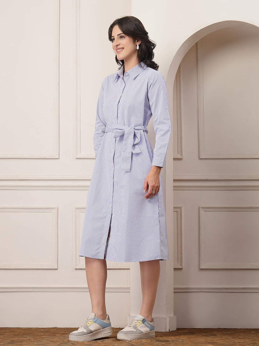 Style Quotient Women Striped Formal Shirt Dress Blue
