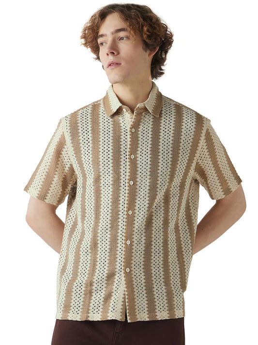 Bewakoof Mens Striped Oversized Fit Half Sleeve Collar Lace Shirt_646397_Beige_XL