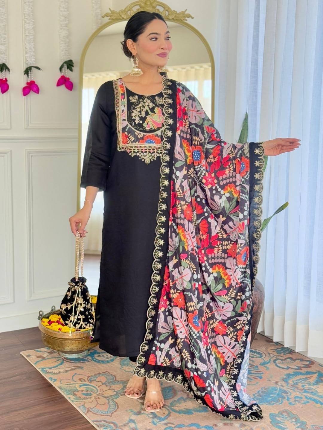 Naixa WomenS Black Chanderi Viscose Embroidered Straight Kurta With Chanderi Viscose Pant And Silk Printed Dupatta Sets (Nx-M-N