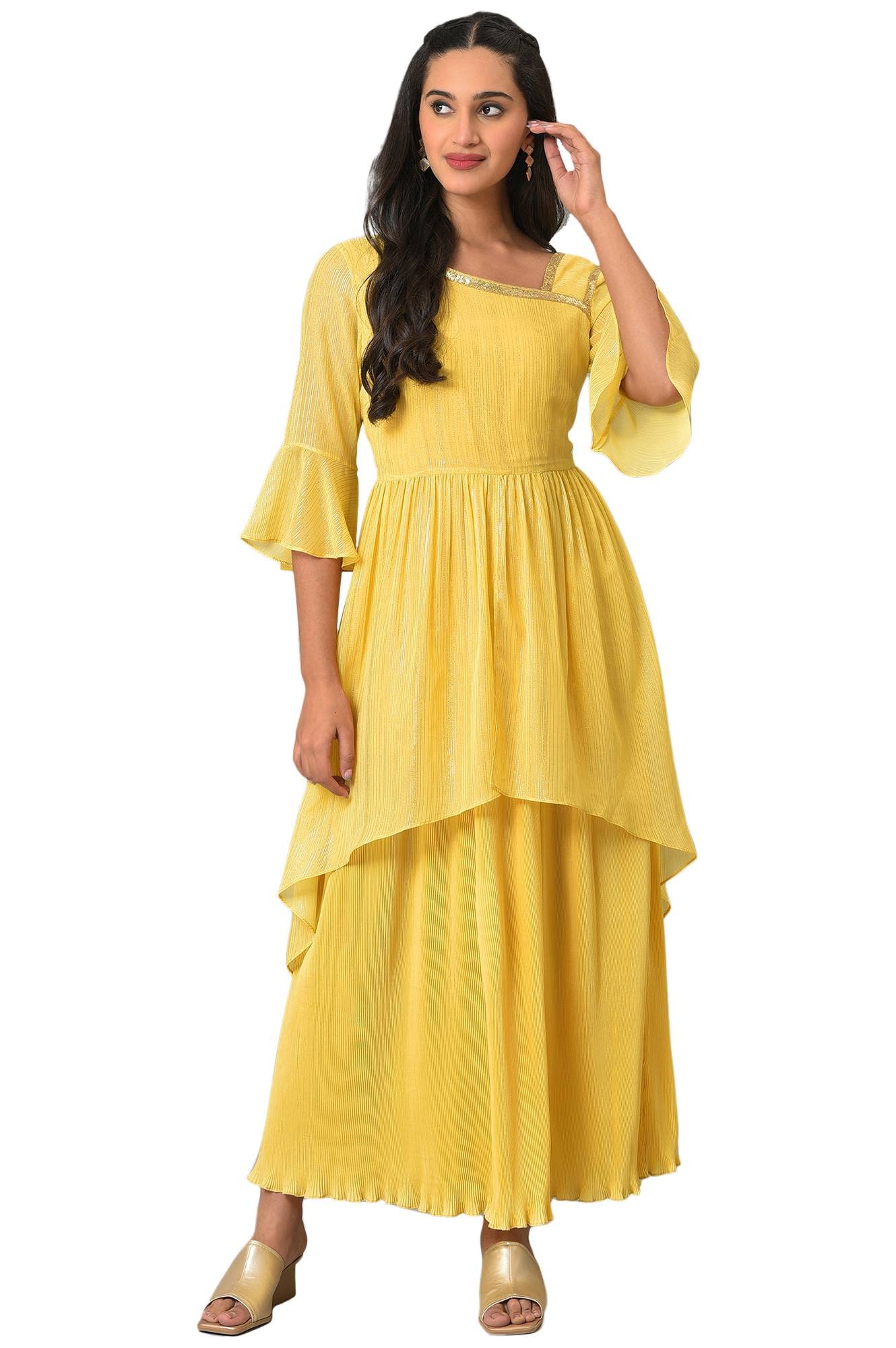 Aurelia WomenS Polyester Fit And Flare Midi Dress (23Fea14004-507007_Yellow