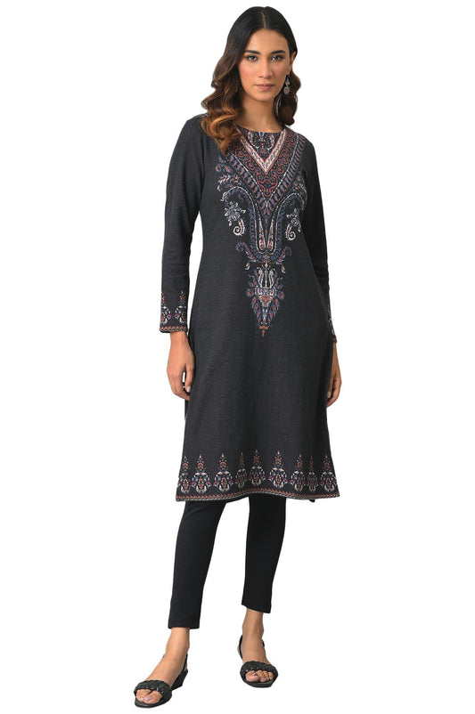 W for Woman Women Blended Polyester Printed Round Neck Straight Winter Regular Kurta