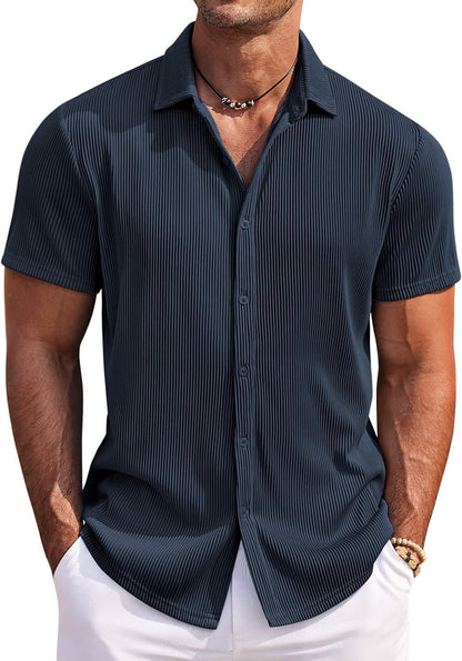 CB-COLEBROOK Mens Casual Shirts Short Sleeve Button Down Loose Fit Shirt for Men Wedding Beach Fashion Shirt (in, Alpha, XL, Re