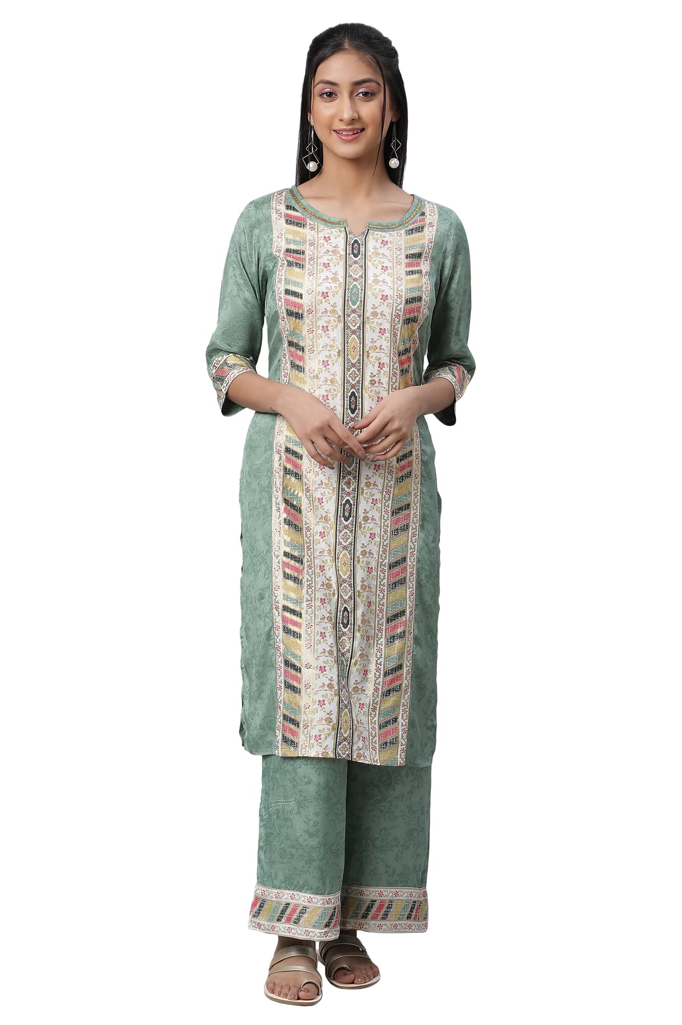 Aurelia Green Printed Kurta & Straight Pants Set (Size: S)-23FEAS14290-504195