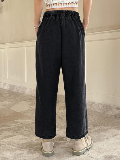 Shasmi Girls & Womens Black Denim Cotton Elastic Waist Cropped Straight Ankle Length Wide Leg Casual Baggy Jeans for Women, Tr