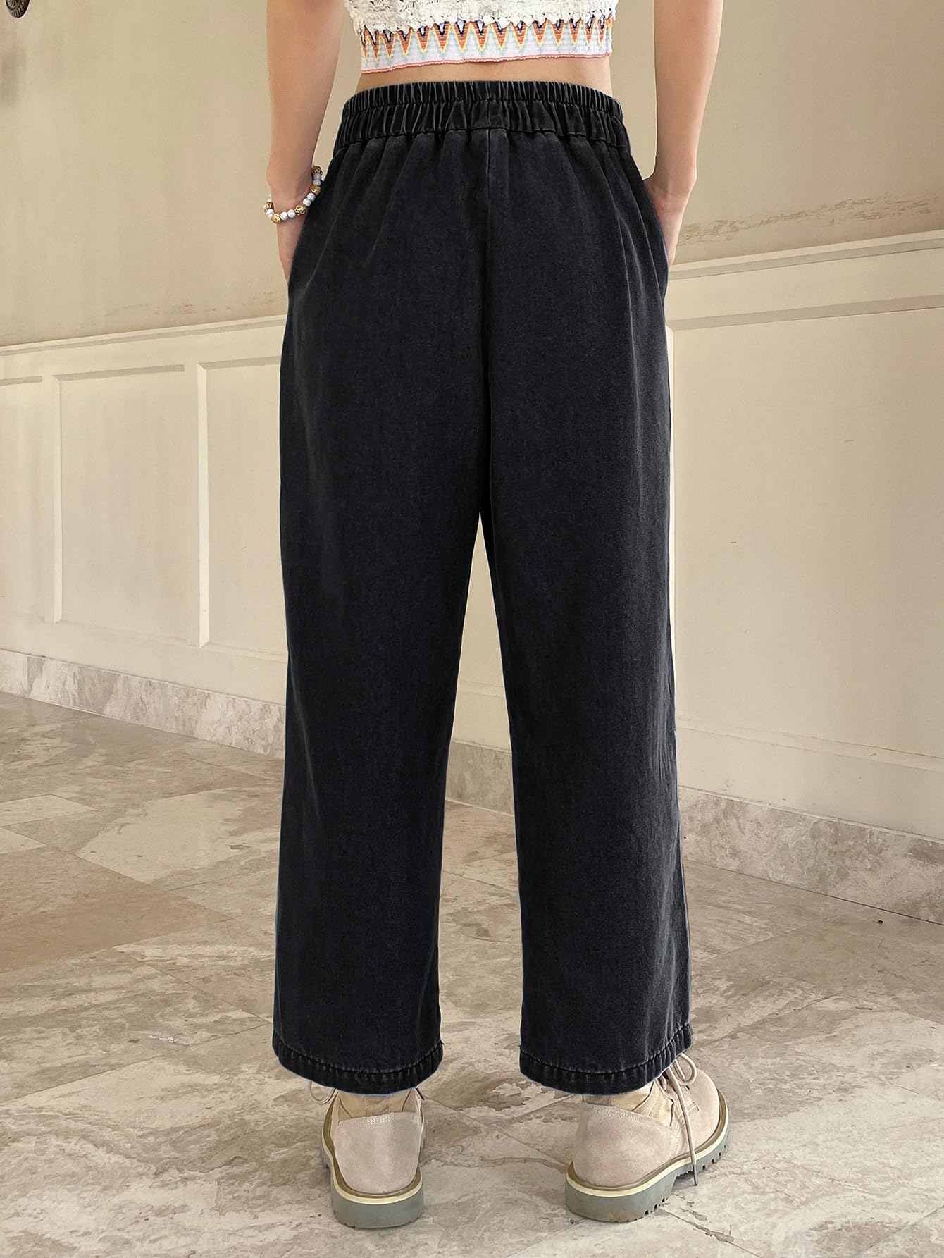 Sugathari Womens Black Denim Cotton Elastic Waist Cropped Straight Ankle Length Wide Leg Casual Baggy Jeans for Women, Trousers