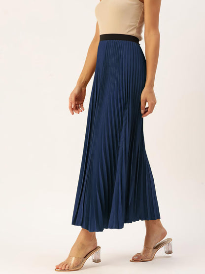 Kzully | Flowing Grace WomenS Satin Accordian Pleat Maxi Flared Skirt Navy Blue