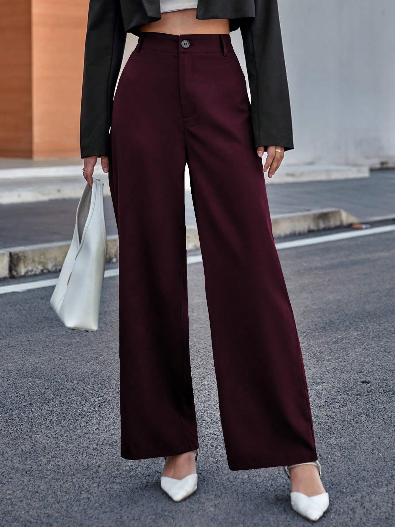 Toochki Straight Pants Trousers for Women with High Waist, Formal Spandex Pant for Women Office Wear Wine