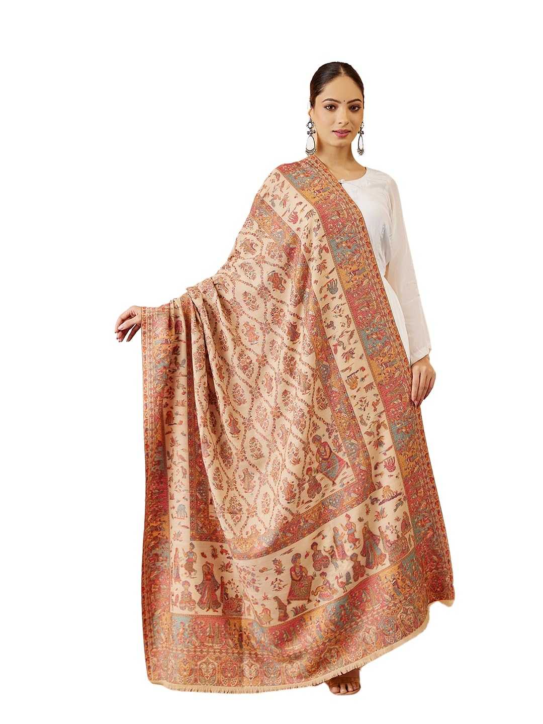 Pashmoda Women Gulbahar Kaani Wool Blend Kashmiri Shawl, Stole, Scarf, Luxury Pashmina Evening Wrap (Size: 101 X 203 CM)